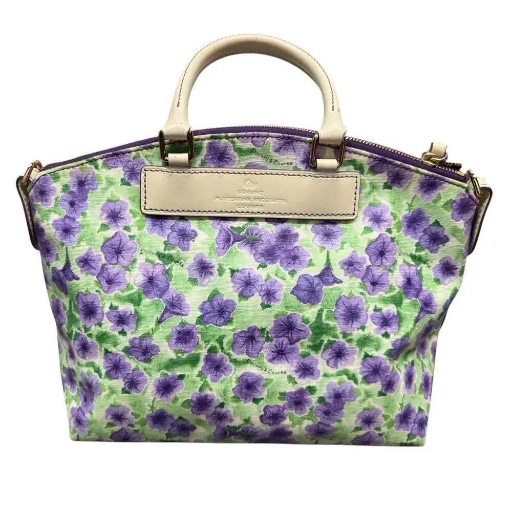 Dooney & Bourke Petunia Purple Floral Satchel Bag Leather Trim Top Handle